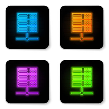 Parlayan neon sunucusu, Data, Web sunucu simgesi beyaz arkaplanda izole edildi. Siyah kare düğme. Vektör İllüstrasyonu