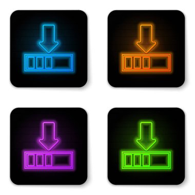 Beyaz arka planda yalıtılmış parlayan neon Yükleme simgesi. İndirin devam ediyor. İlerleme çubuğu simgesi. Siyah kare düğme. Vektör İllüstrasyonu