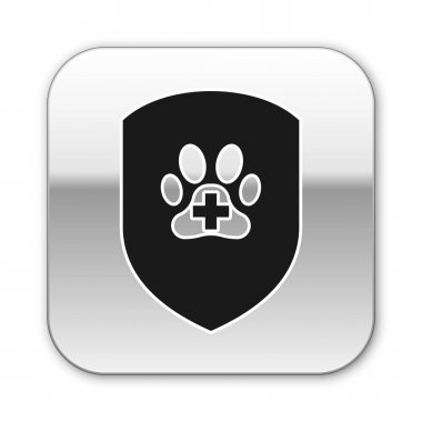 Siyah Hayvan sağlık sigortası simgesi beyaz arka plan üzerinde izole. Evcil hayvan koruma simgesi. Köpek ya da kedi pençesi izi. Gümüş kare düğme. Vektör İllüstrasyonu
