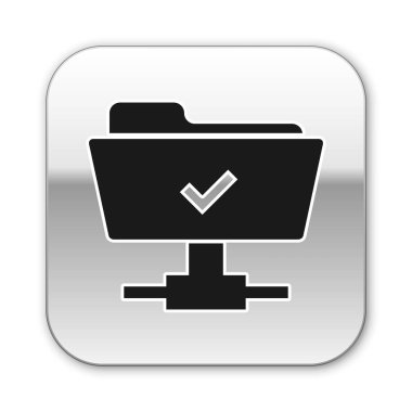 Siyah Ftp işlemi beyaz arka plan üzerinde başarılı simgesi. Yazılım güncellemesi kavramı, transfer protokolü, takım çalışması araç yönetimi, kopyalama süreci. Gümüş kare düğme. Vektör İllüstrasyonu