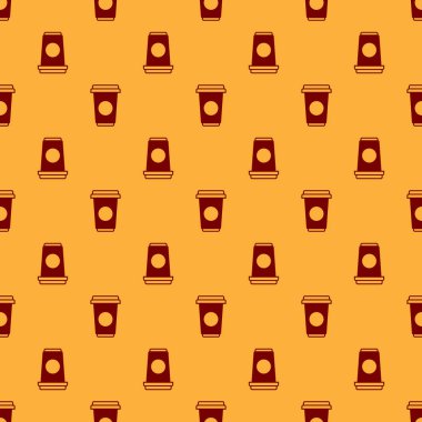 Kırmızı Kahve fincan simgesi kahverengi arka plan üzerinde dikişsiz desen izole. Sıcak kahve ile tek kullanımlık kahve fincanı. Vektör İllüstrasyonu