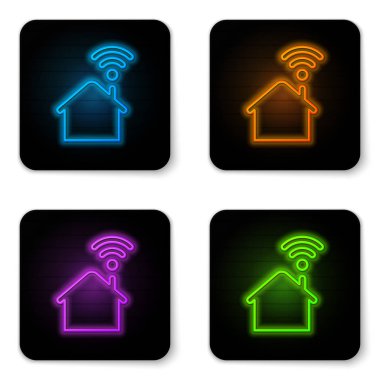 Beyaz arka plan üzerinde izole wi-fi simgesi ile Parlayan neon Smart ev. Uzaktan kumanda. Siyah kare düğme. Vektör İllüstrasyonu