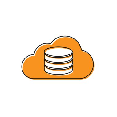 Turuncu Bulut veritabanı simgesi beyaz arka planda yalıtılmış. Bulut bilgi işlem konsepti. Veri aktarımı ile dijital hizmet veya uygulama. Vektör İllüstrasyonu