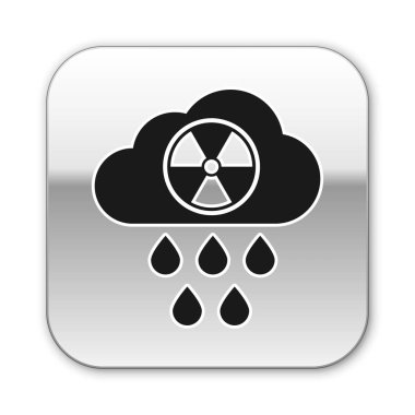 Siyah Asit yağmuru ve radyoaktif bulut simgesi beyaz arka plan üzerinde izole. Toksik hava kirliliğinin çevre üzerindeki etkileri. Gümüş kare düğme. Vektör İllüstrasyonu