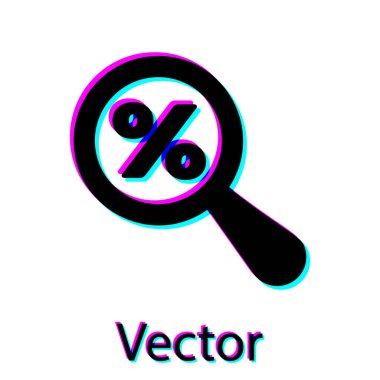 Beyaz arka planda izole yüzde indirim simgesi ile Siyah Büyüteç. İndirim teklifleri arama. İndirimli satış işareti arayın. Vektör İllüstrasyonu