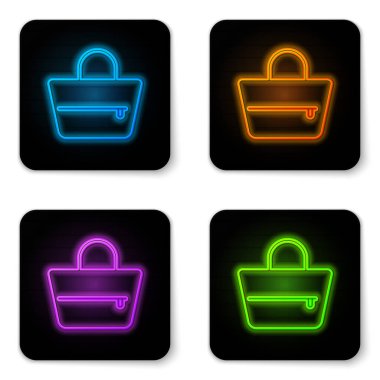 Parlayan neon çanta simgesi beyaz arkaplanda izole edildi. Kadın el çantası işareti. Glamour günlük bagaj sembolü. Siyah kare düğme. Vektör İllüstrasyonu
