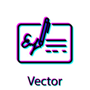 Beyaz arka planda yalıtılmış Siyah İmzalı belge satırı simgesi. Kalem imza ile bir sözleşme imzalıyor. Belge işaretini edin. Vektör İllüstrasyonu