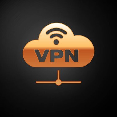 Gold Vpn Network bulut bağlantı simgesi siyah arka plan üzerinde yalıtılmış. Sosyal teknoloji. Bulut bilgi işlem konsepti. Vektör İllüstrasyonu