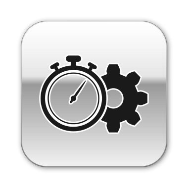 Siyah Zaman Yönetimi simgesi beyaz arka planda yalıtılmış. Saat ve dişli işareti. Verimlilik sembolü. Gümüş kare düğme. Vektör İllüstrasyonu