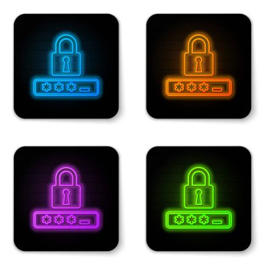 Beyaz arka planda yalıtılmış parlayan neon Parola koruması ve güvenlik erişim simgesi. Simgeyi kilitleyin. Güvenlik, güvenlik, koruma, gizlilik kavramı. Siyah kare düğme. Vektör İllüstrasyonu