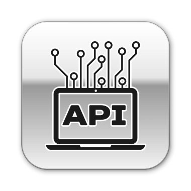 Siyah Bilgisayar api arabirim simgesi beyaz arka planda yalıtılmış. Uygulama programlama arayüzü Api teknolojisi. Yazılım entegrasyonu. Gümüş kare düğme. Vektör İllüstrasyonu