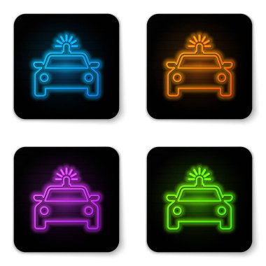 Parlayan neon Polis arabası ve polis flaşör simgesi beyaz arka plan üzerinde izole. Acil durum yanıp sönen sireni. Siyah kare düğme. Vektör İllüstrasyonu