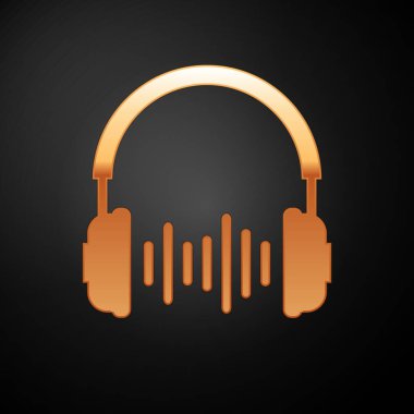 Siyah arka plan üzerinde Altın Kulaklık ve ses dalgaları simgesi. Kulaklık işareti. Müzik, servis, iletişim ve operatör dinleme için kavram nesnesi. Vektör İllüstrasyonu