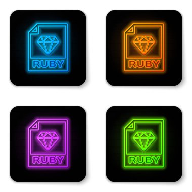 Parlayan neon Ruby dosya belge simgesi. Beyaz arka planda yakut düğme simgesini indirin. Yakut dosya sembolü. Siyah kare düğme. Vektör İllüstrasyonu