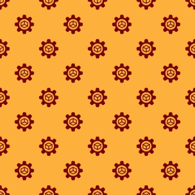 Kırmızı Ürün geliştirme simgesi kahverengi arka plan üzerinde sorunsuz desen izole. Dişli ve küp. Başlangıç koleksiyonundan ürün geliştirme sembolü tasarımı. Düz tasarım. Vektör İllüstrasyonu