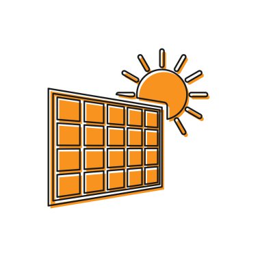 Turuncu Güneş enerji paneli ve güneş simgesi beyaz arka plan izole. Vektör İllüstrasyonu