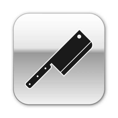 Siyah Et doğrama simgesi beyaz arka plan üzerinde izole. Et için mutfak bıçağı. Kasap bıçağı. Gümüş kare düğme. Vektör İllüstrasyonu