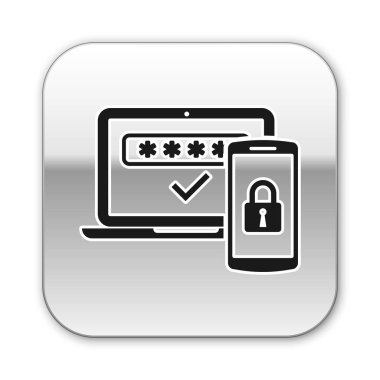 Siyah Çoklu faktör, beyaz arka planda yalıtılmış iki adımlı kimlik doğrulama simgesi. Gümüş kare düğme. Vektör İllüstrasyonu