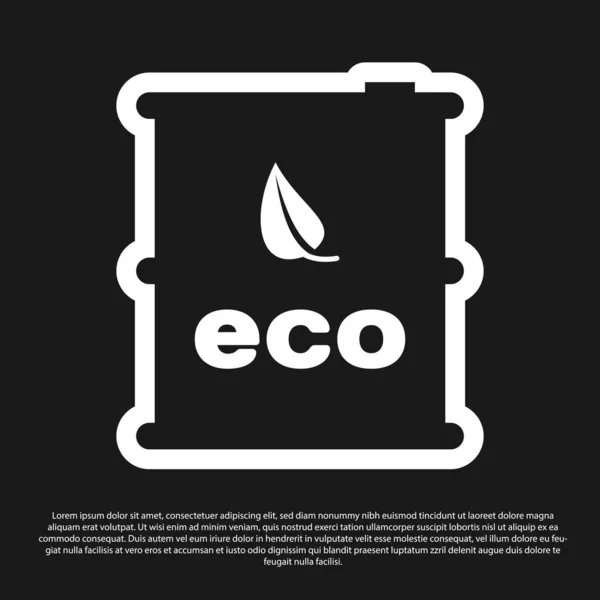 Zwarte bio brandstof vat pictogram geïsoleerd op zwarte achtergrond. Eco Bio en Canister. Groene omgeving en Recycle. Vector illustratie — Stockvector