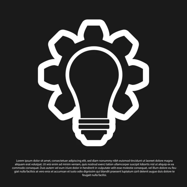 Lampadina nera e icona ingranaggio isolato su sfondo nero. Concetto di innovazione. Idea imprenditoriale. Illustrazione vettoriale — Vettoriale Stock