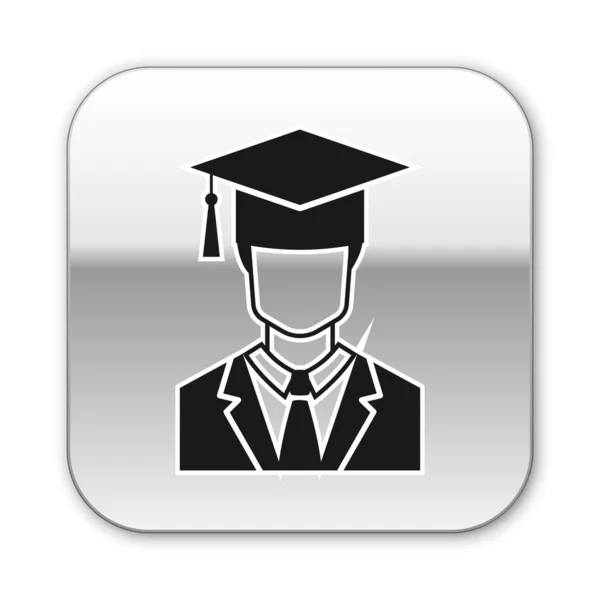 Zwarte mannelijke graduate student profiel met Gown en Graduation Cap pictogram geïsoleerd op witte achtergrond. Zilveren vierkante knop. Vector illustratie — Stockvector