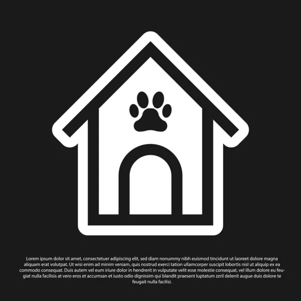 Μαύρο σκυλί σπίτι και το πόδι εκτύπωση εικόνα κατοικίδιο ζώο απομονώνεται σε μαύρο φόντο. Σκυλόσπιτο. Απεικόνιση διανυσματικών φορέων — Διανυσματικό Αρχείο