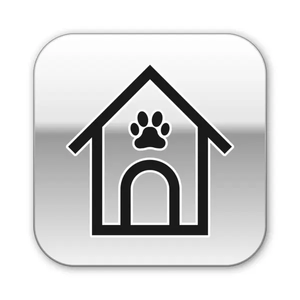 Black Dog house e l'icona dell'animale domestico stampa zampa isolato su sfondo bianco. Canile per cani. Pulsante quadrato argento. Illustrazione vettoriale — Vettoriale Stock