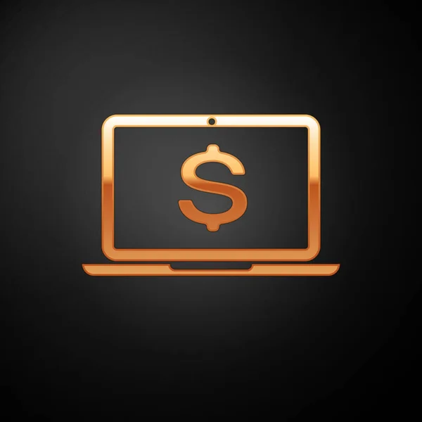 Gold laptop med dollar symbolikon isolerad på svart bakgrund. Online shopping koncept. Ekonomi koncept. Vektor illustration — Stock vektor