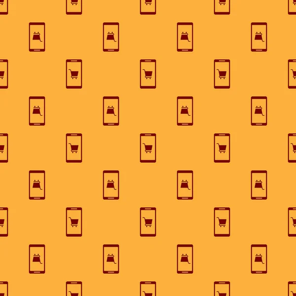 Red Mobilní telefon a nákupní košík ikona izolované bezešvé vzor na hnědém pozadí. Online nákupní symbol. Symbol supermarketu. Vektorová ilustrace — Stockový vektor