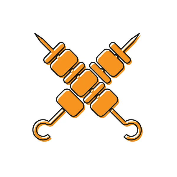 Оранжевый крест на гриле шашлык шашлык на шампуры иконка палка изолированы на белом фоне. Мясо кебаб на шампуре палка. Пикник с мясом на гриле. Векторная миграция — стоковый вектор