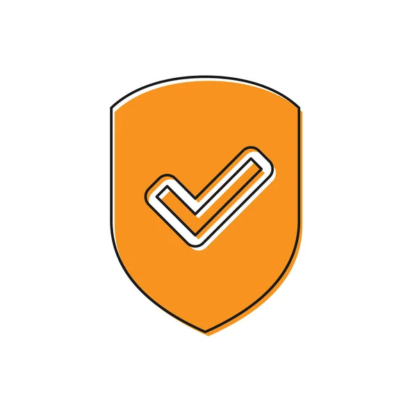 Оранжевый цвет со значком галочки на белом фоне. Символ защиты. Икона проверки безопасности. Отметьте одобренный значок. Векторная миграция — стоковый вектор