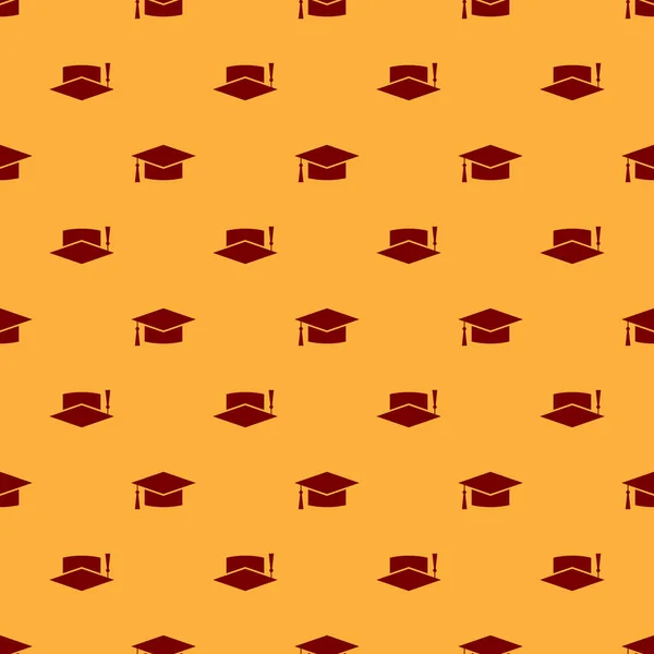 Rode Graduation Cap pictogram geïsoleerd naadloze patroon op bruine achtergrond. Afstuderen hoed met kwast pictogram. Plat ontwerp. Vector illustratie — Stockvector