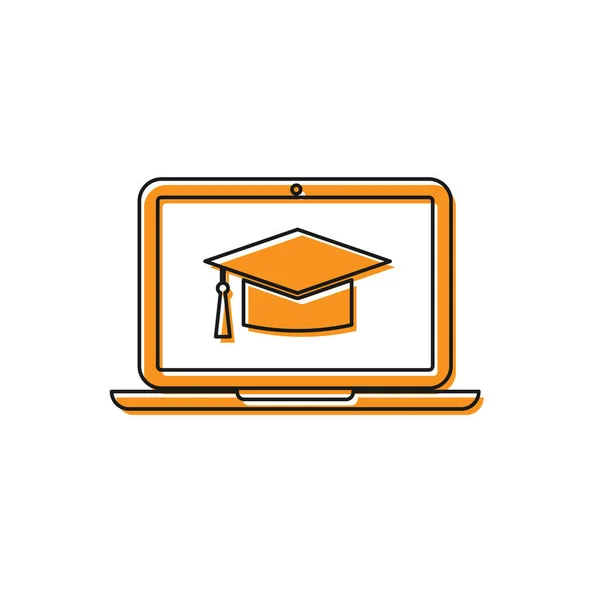 Tapa de graduación naranja en el icono de la computadora portátil de pantalla aislada sobre fondo blanco. Concepto de aprendizaje en línea o aprendizaje electrónico. Ilustración vectorial — Vector de stock