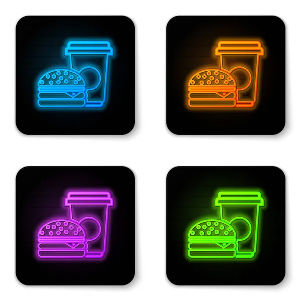 Glowing neon Coffee and burger icon isolated on white background. Fast food symbol. Black square button. Vector Illustration — Stock Vector