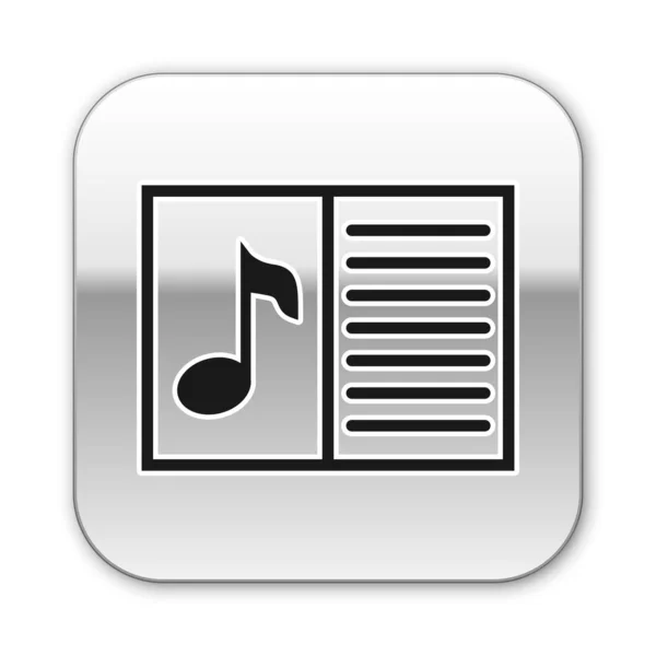 Fekete zene könyv-val jegyzék ikon elszigetelt-ra fehér háttér. Zenei adatlap jegyzet stave. Notebook a hangjegyek. Ezüst négyzet gombot. Vektoros illusztráció — Stock Vector