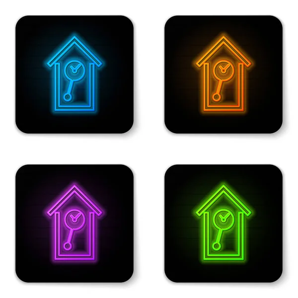 Glowing neon Retro wall watch icon isolated on white background. Cuckoo clock sign. Antique pendulum clock. Black square button. Vector Illustration — Stock Vector