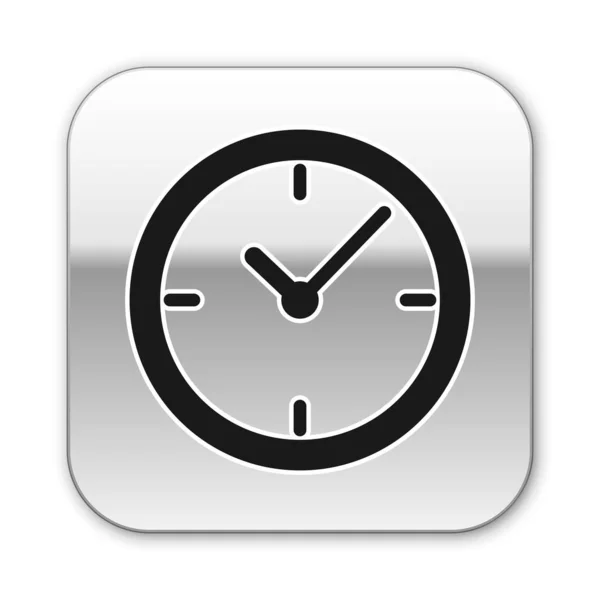 Ícone de relógio preto isolado no fundo branco. Botão quadrado de prata. Ilustração vetorial — Vetor de Stock