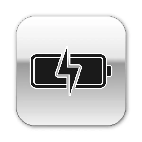 Black Battery icon isolated on white background. Lightning bolt symbol. Silver square button. Vector Illustration — Stock Vector