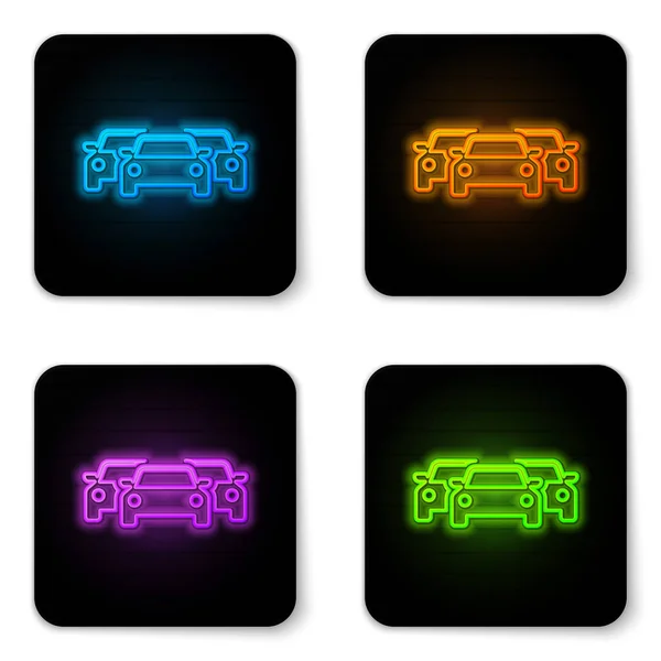 Brilhante neon Carros ícone isolado no fundo branco. Botão quadrado preto. Ilustração vetorial — Vetor de Stock