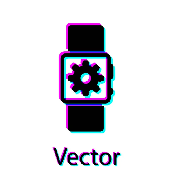 Icono de ajuste de reloj inteligente negro aislado sobre fondo blanco. Configuración de reloj inteligente. Ilustración vectorial — Vector de stock