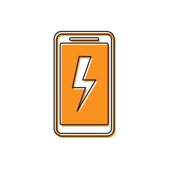 Ícone de bateria de carregamento Smartphone laranja isolado no fundo branco. Telefone com bateria fraca. Ilustração vetorial — Vetor de Stock