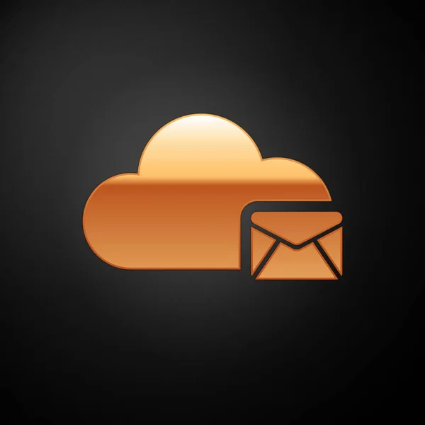Gold Cloud icône du serveur de messagerie isolé sur fond noir. Hébergement de serveur Cloud pour courrier électronique. Service de messagerie en ligne. Panneau de la boîte aux lettres. Illustration vectorielle — Image vectorielle