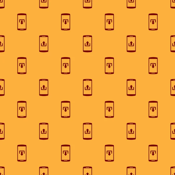 Rotes Smartphone mit Upload-Symbol isoliert nahtlose Muster auf braunem Hintergrund. flache Bauweise. Vektorillustration — Stockvektor