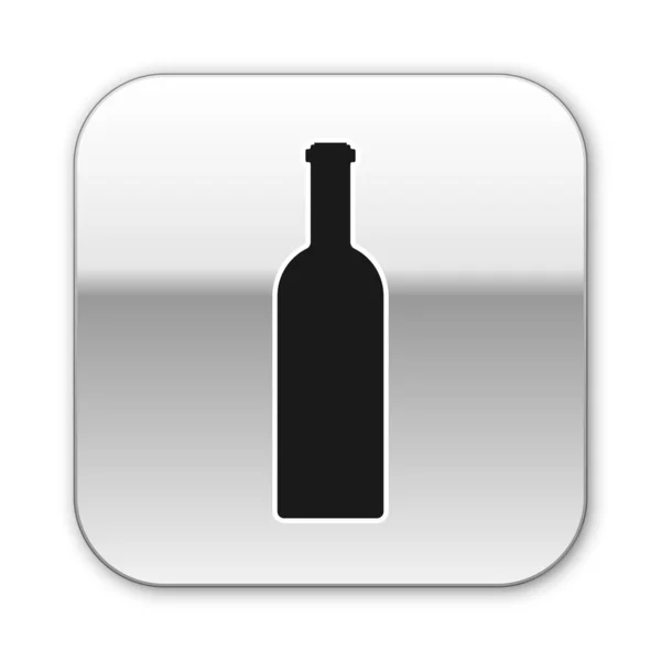 Zwarte fles wijn pictogram geïsoleerd op witte achtergrond. Zilveren vierkante knop. Vector illustratie — Stockvector