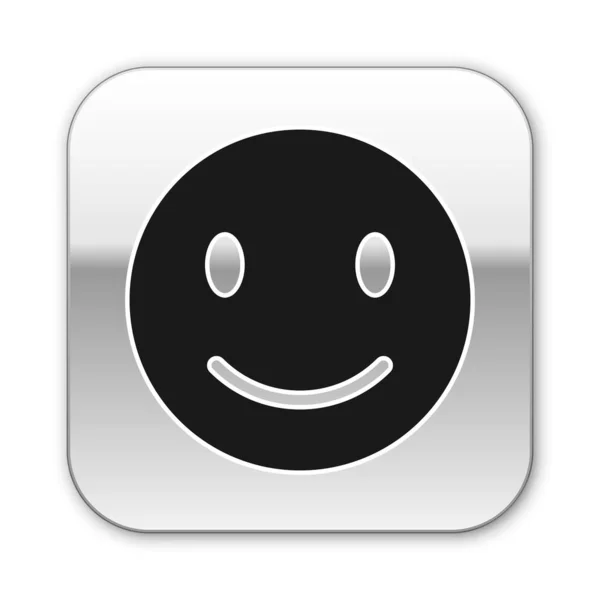 Icono de cara de sonrisa negra aislado sobre fondo blanco. Emoticono sonriente. Feliz símbolo de chat sonriente. Botón cuadrado plateado. Ilustración vectorial — Archivo Imágenes Vectoriales