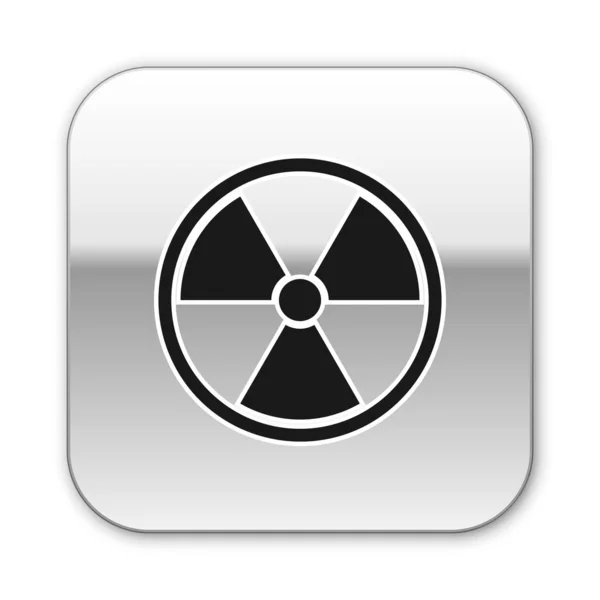 Icona Radioattiva nera isolata su sfondo bianco. Simbolo tossico radioattivo. Segnale di pericolo radioattivo. Pulsante quadrato argento. Illustrazione vettoriale — Vettoriale Stock
