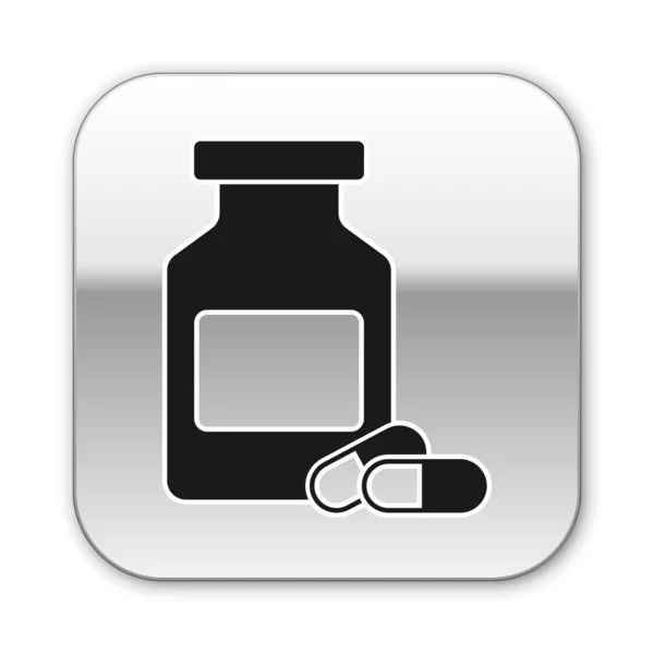 黒い薬のボトルと錠剤のアイコンは、白い背景に分離しました。ボトルピルサイン薬局の設計。シルバーの正方形のボタン。ベクトルイラストレーション — ストックベクタ