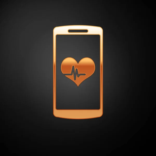 Smartphone dourado com ícone de função monitor de frequência cardíaca isolado no fundo preto. Ilustração vetorial —  Vetores de Stock