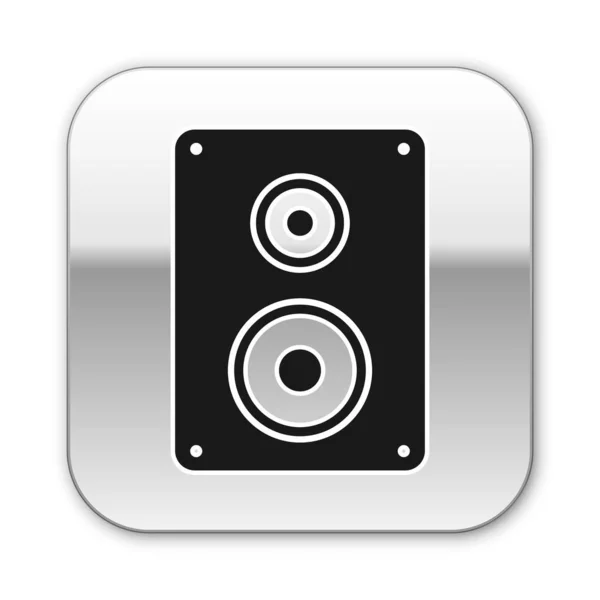 Icono de altavoz estéreo negro aislado sobre fondo blanco. Altavoces del sistema de sonido. Icono musical. Equipo de altavoz de columna musical bajo. Botón cuadrado plateado. Ilustración vectorial — Vector de stock