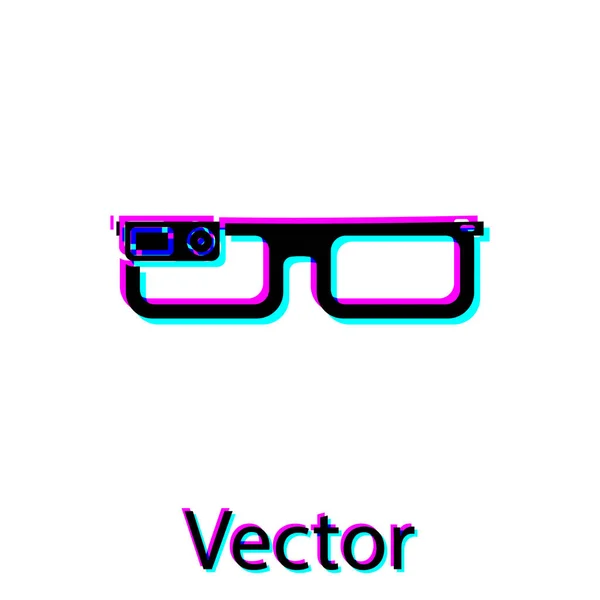 Schwarze Smart-Brille auf Brillensymbol auf weißem Hintergrund. Tragbare Elektronik-Smart-Brille mit Kamera und Display. Vektorillustration — Stockvektor